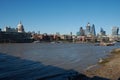 View of skyscrapers of Central business district. of London from Thames river